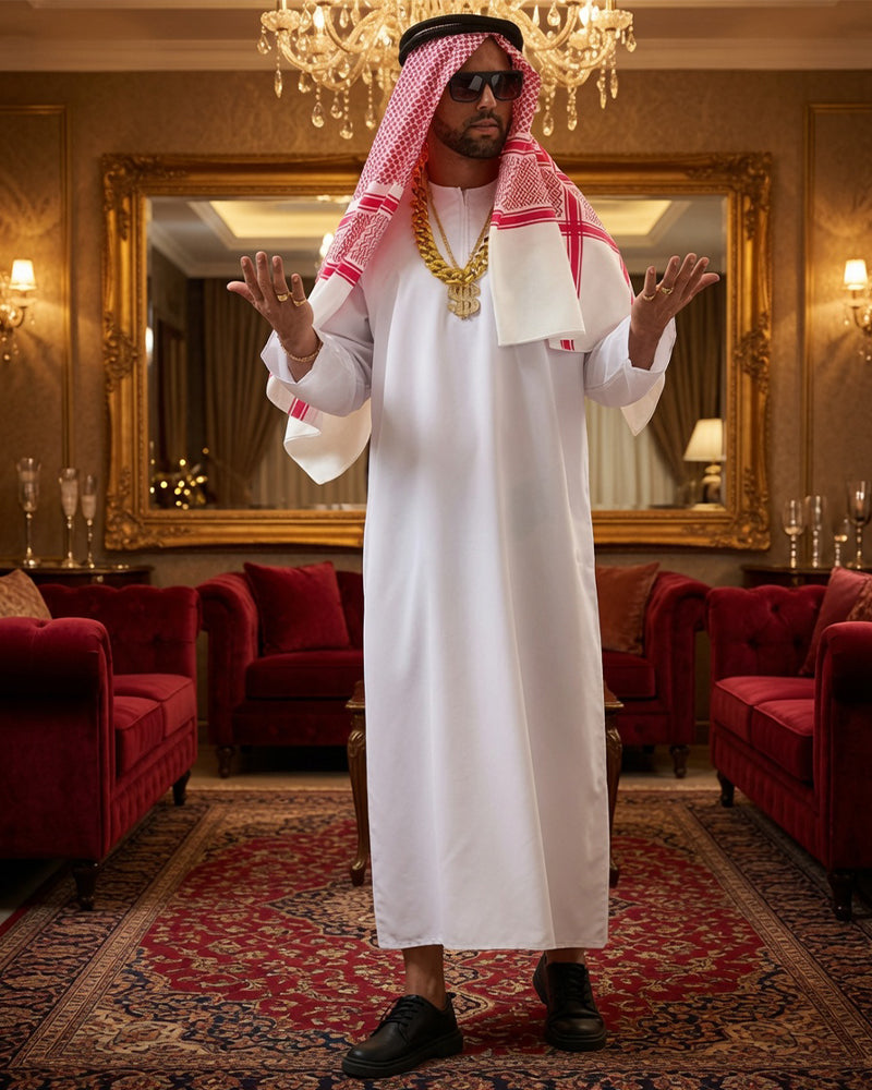 White long robe with red check headscarf and gold chain, black sandals, standing