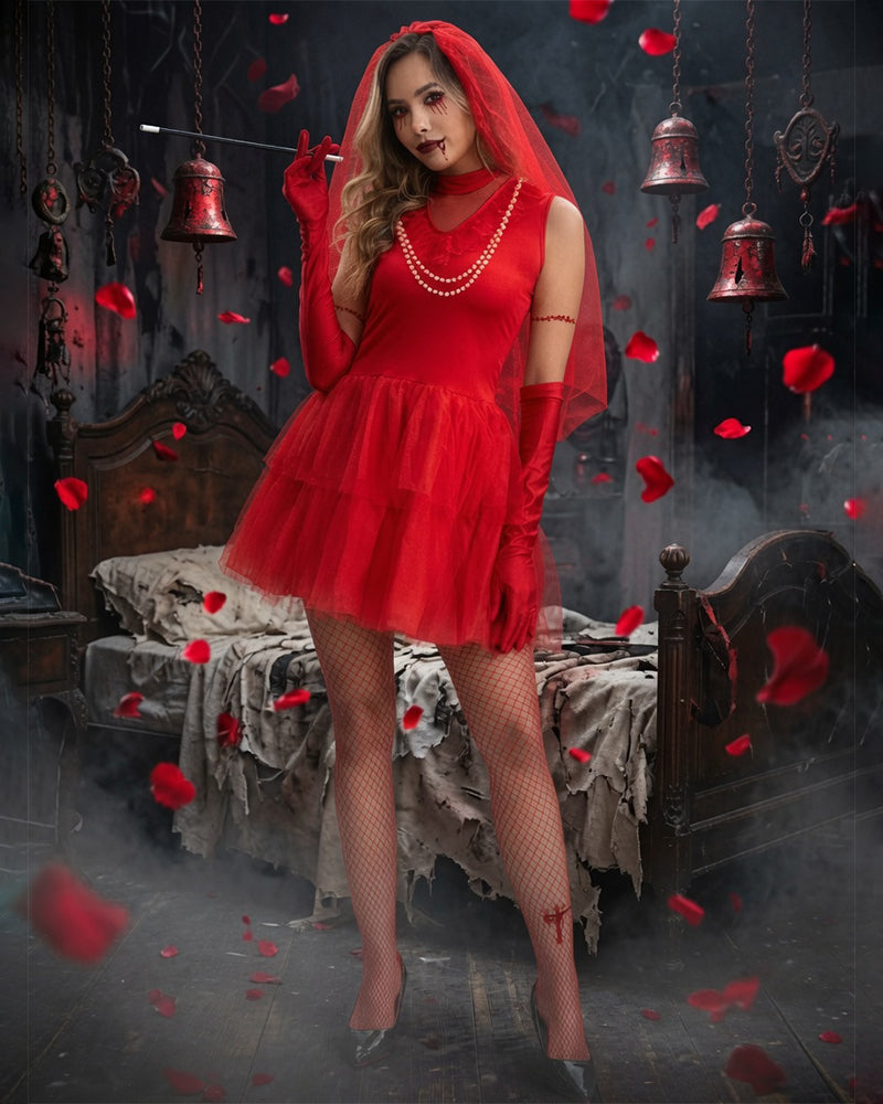Red vampire bridal costume mini dress with tulle skirt, veil, long gloves, fishnet stockings