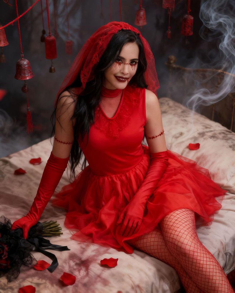 Red vampire bridal mini dress with veil and long gloves, plus fishnet stockings