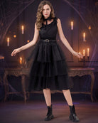 Black sleeveless tulle midi dress with tiered skirt, ruffled lace collar, and belt.