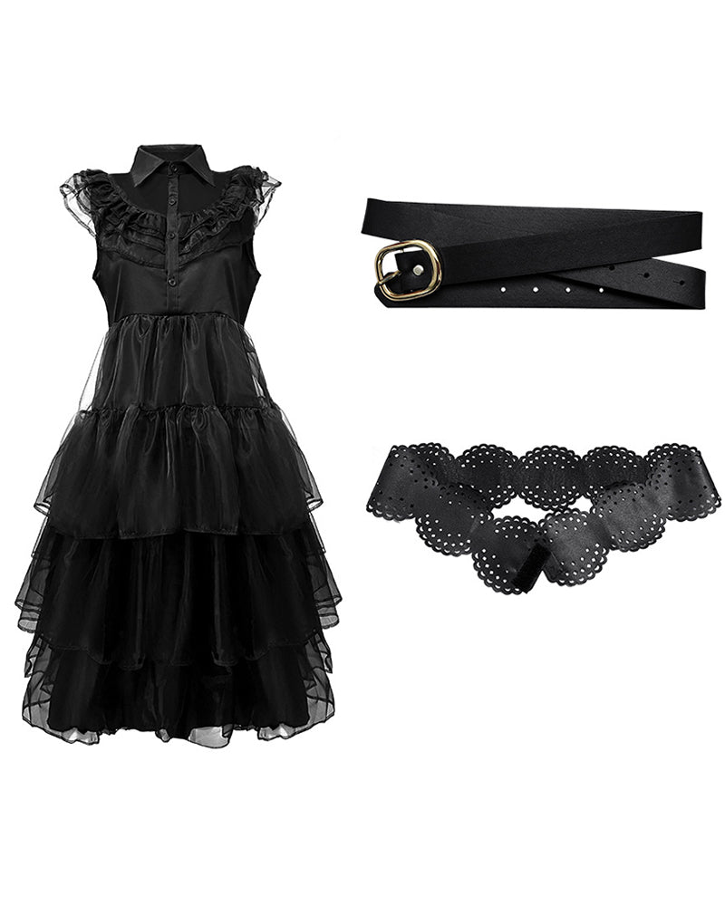 Black tulle midi dress with lace collar, belt, and matching lace ruffle underwear.