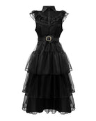 Black sleeveless tulle midi dress with ruffled lace collar and waist belt, front view.
