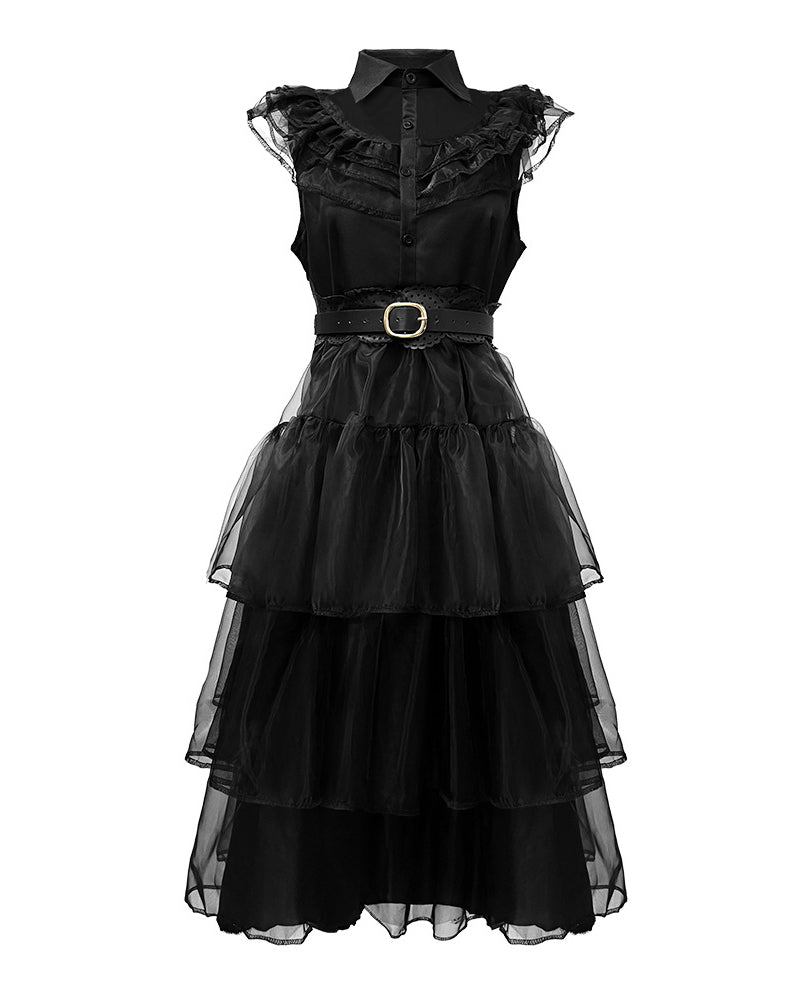 Black sleeveless tulle midi dress with ruffled lace collar and waist belt, front view.