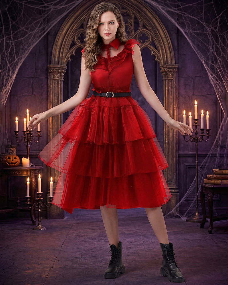 Red sleeveless tulle midi dress with tiered ruffles, ruffled lace collar, and belt.