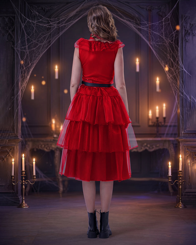 Red sleeveless tulle midi dress with tiered ruffles and belt, back view.