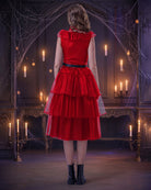 Red sleeveless tulle midi dress with tiered ruffles and belt, back view.