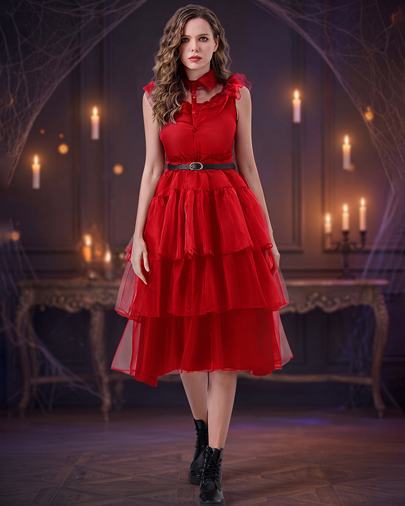 Red sleeveless tulle midi dress with tiered skirt, ruffled lace collar, and belt.