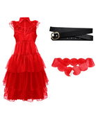 Red tulle midi dress with ruffled lace collar, belt, and matching lace ruffle underwear.