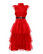 Red sleeveless tulle midi dress with ruffled lace collar and waist belt, front view.