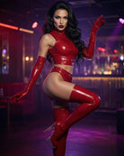 Red wet-look faux leather mock neck crop top and matching shorts set