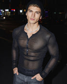 Men's sheer glitter henley top, long sleeves, black with button placket