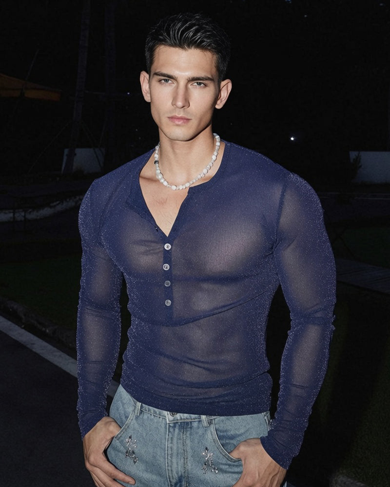 Men's sheer glitter henley top, long sleeves, deep blue button placket
