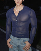 Men's sheer glitter henley top, long sleeves, deep blue with button placket