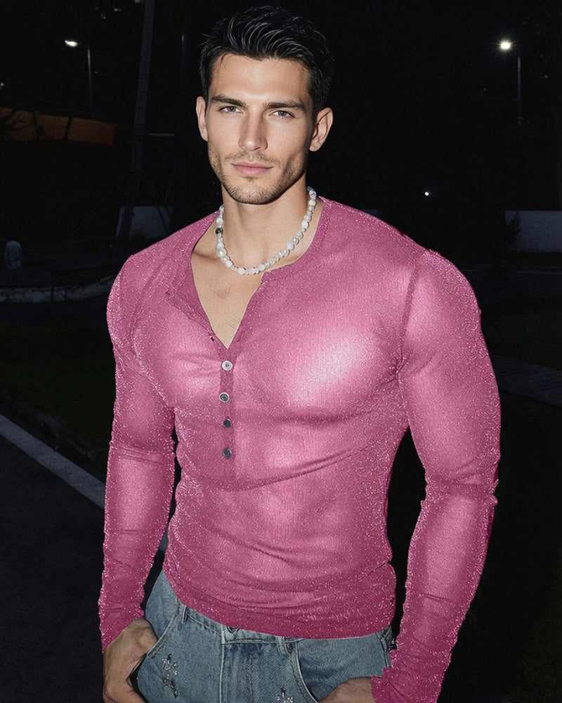 Men's sheer glitter henley top, long sleeves, pink with button placket