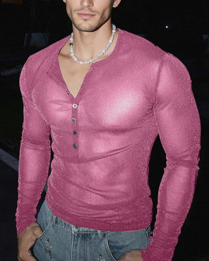 Men's sheer glitter henley top, long sleeves, pink button placket, front close-up