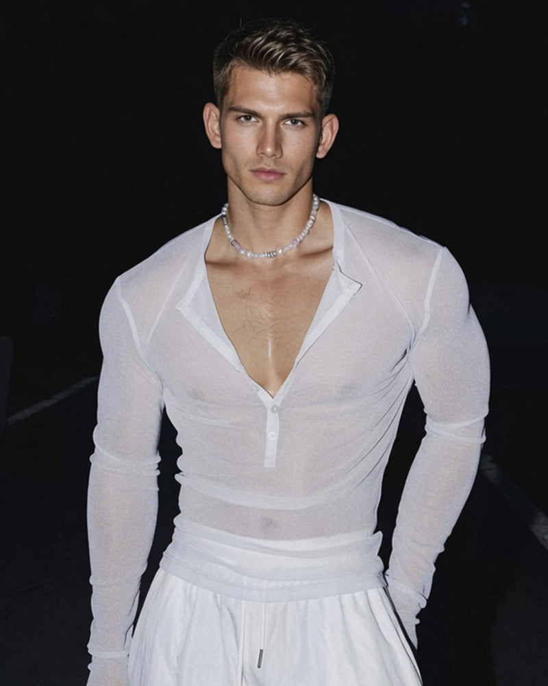 Men's sheer glitter henley top, long sleeves, white with button placket