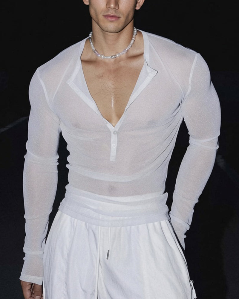Men's sheer glitter henley top, long sleeves, white button placket, close view