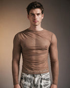 Men's sheer mesh long-sleeve top in brown, crew neck, fitted ruched front drape