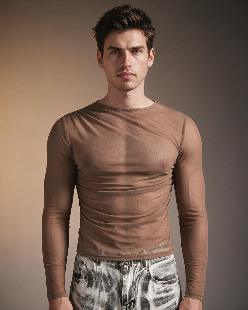 Men's sheer mesh long-sleeve top in brown, crew neck, fitted ruched front drape