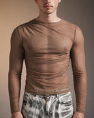 Men's brown sheer mesh long-sleeve top with crew neck and ruched front detail