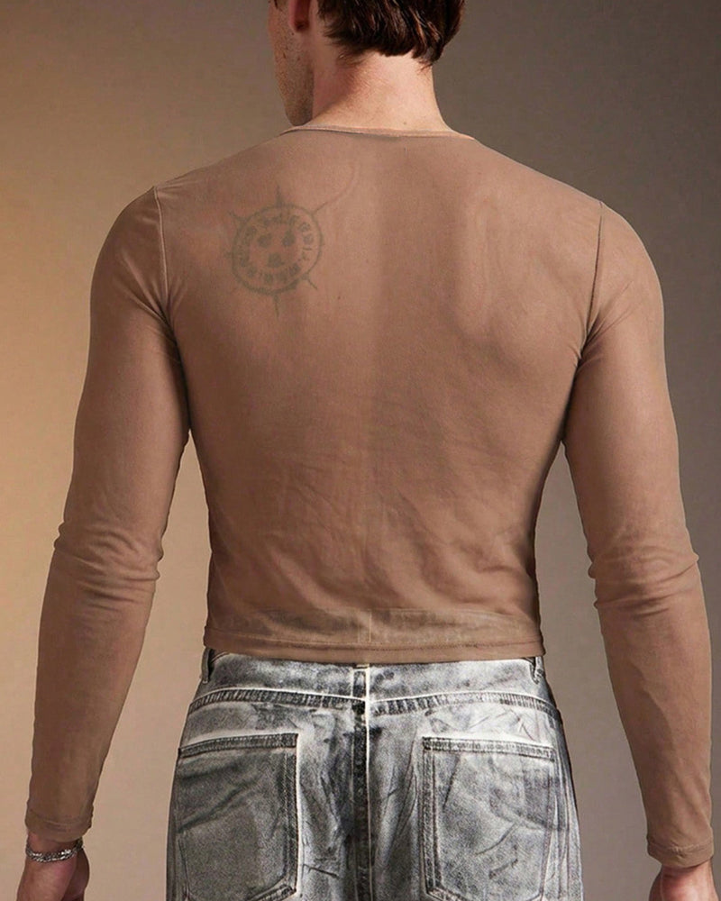 Men's brown sheer mesh long-sleeve top, back view with crew neck and smooth drape