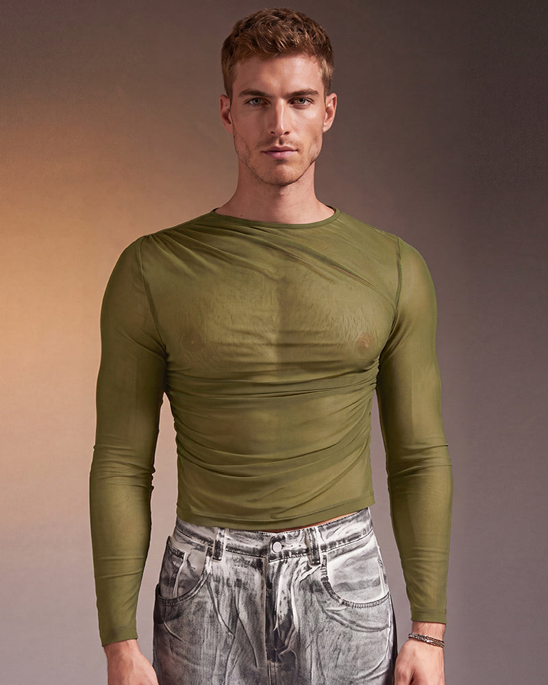 Sheer mesh long sleeve top, olive green crew neck