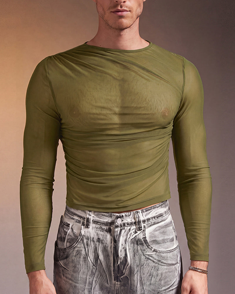 Sheer mesh long sleeve top, olive green crew neck, fitted long sleeves