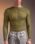 Sheer mesh long sleeve top, olive green crew neck, fitted long sleeves