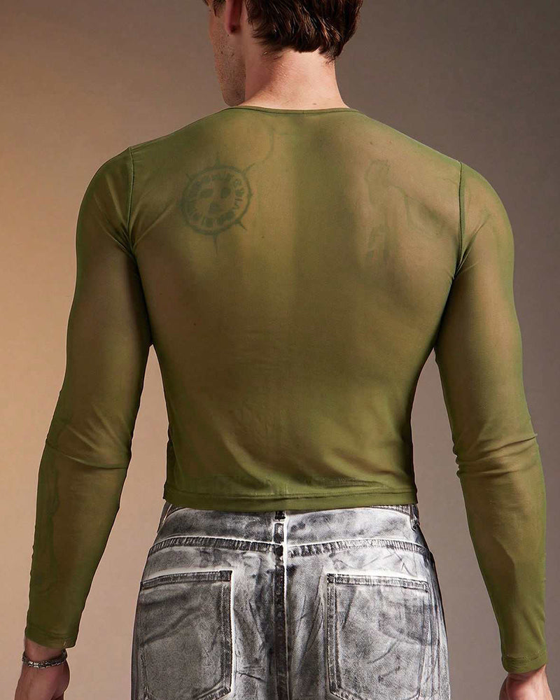 Sheer mesh long sleeve top, olive green back view, crew neck