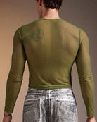 Sheer mesh long sleeve top, olive green back view, crew neck