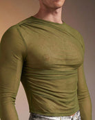 Sheer mesh long sleeve top, olive green crew neck, ruched waistline