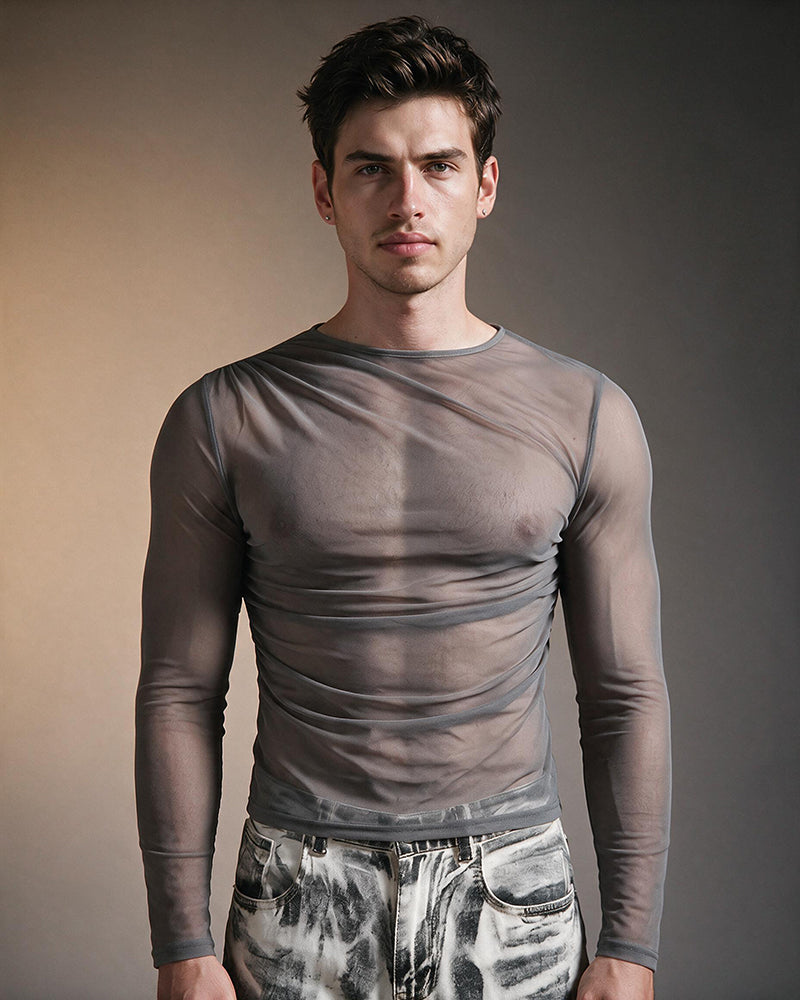 Men's sheer mesh long-sleeve top, dark gray crew neck with gathered ruched front