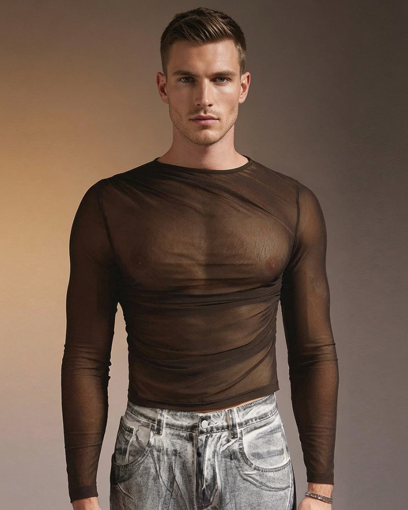Sheer mesh long sleeve top, brown crew neck with ruched front