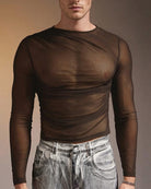 Sheer mesh long sleeve top, brown crew neck, long sleeves
