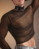 Sheer mesh long sleeve top, brown crew neck, sheer fitted fabric