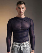 Men's sheer mesh long-sleeve top in navy, crew neck, ruched fitted front