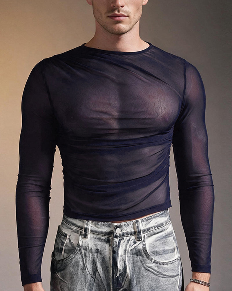 Men's navy sheer mesh long-sleeve top with crew neck and gathered ruched front