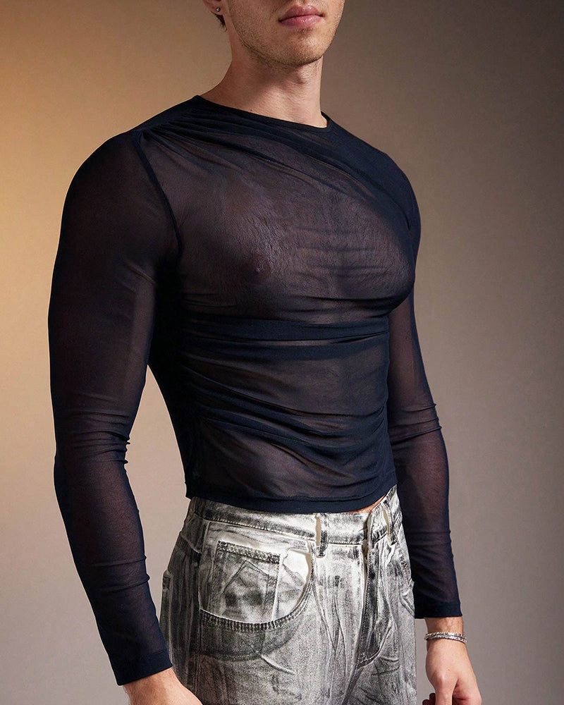 Men's dark navy sheer mesh long-sleeve top, crew neck, fitted ruched front drape