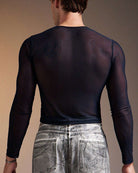 Sheer mesh long sleeve top, dark navy/black crew neck