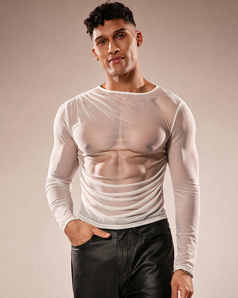 Men's sheer mesh long-sleeve top, white crew neck with ruched front drape
