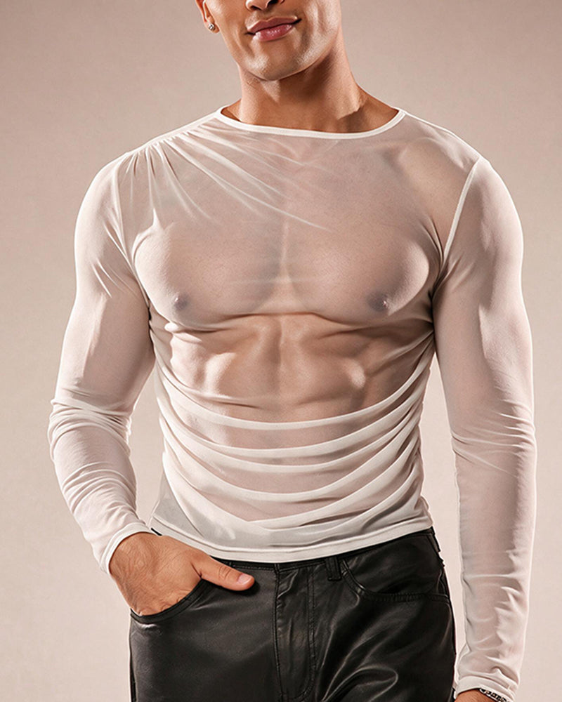 Men's white sheer mesh long-sleeve top with crew neck, fitted ruched front