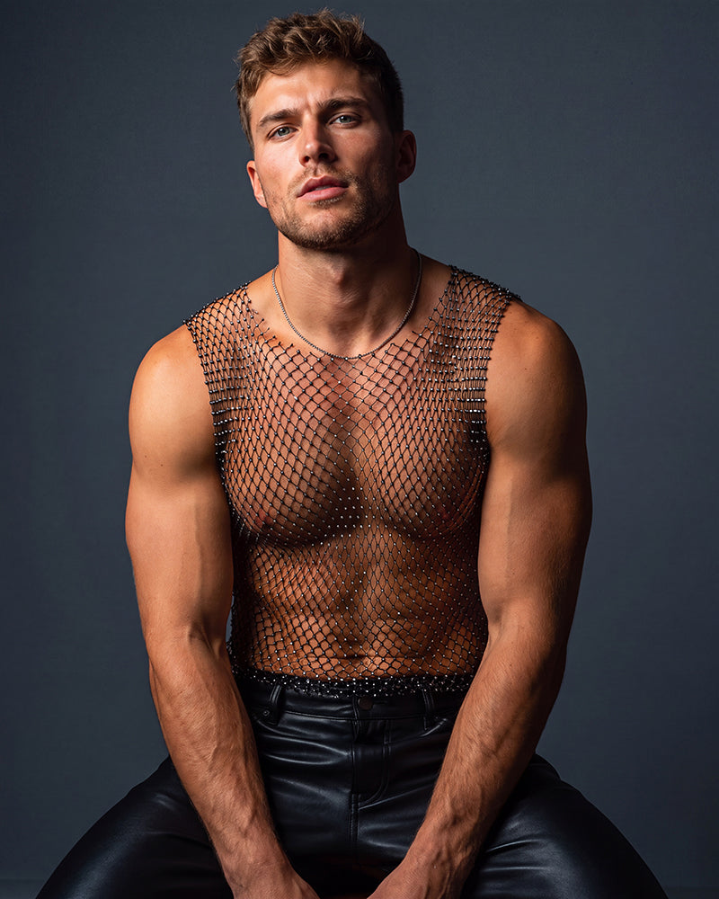 Rhinestone fishnet muscle tank top with sleeveless crew neck, dark mesh