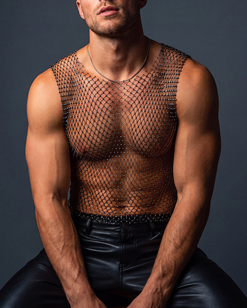 Rhinestone fishnet muscle tank top, sleeveless crew neck, sparkly black mesh