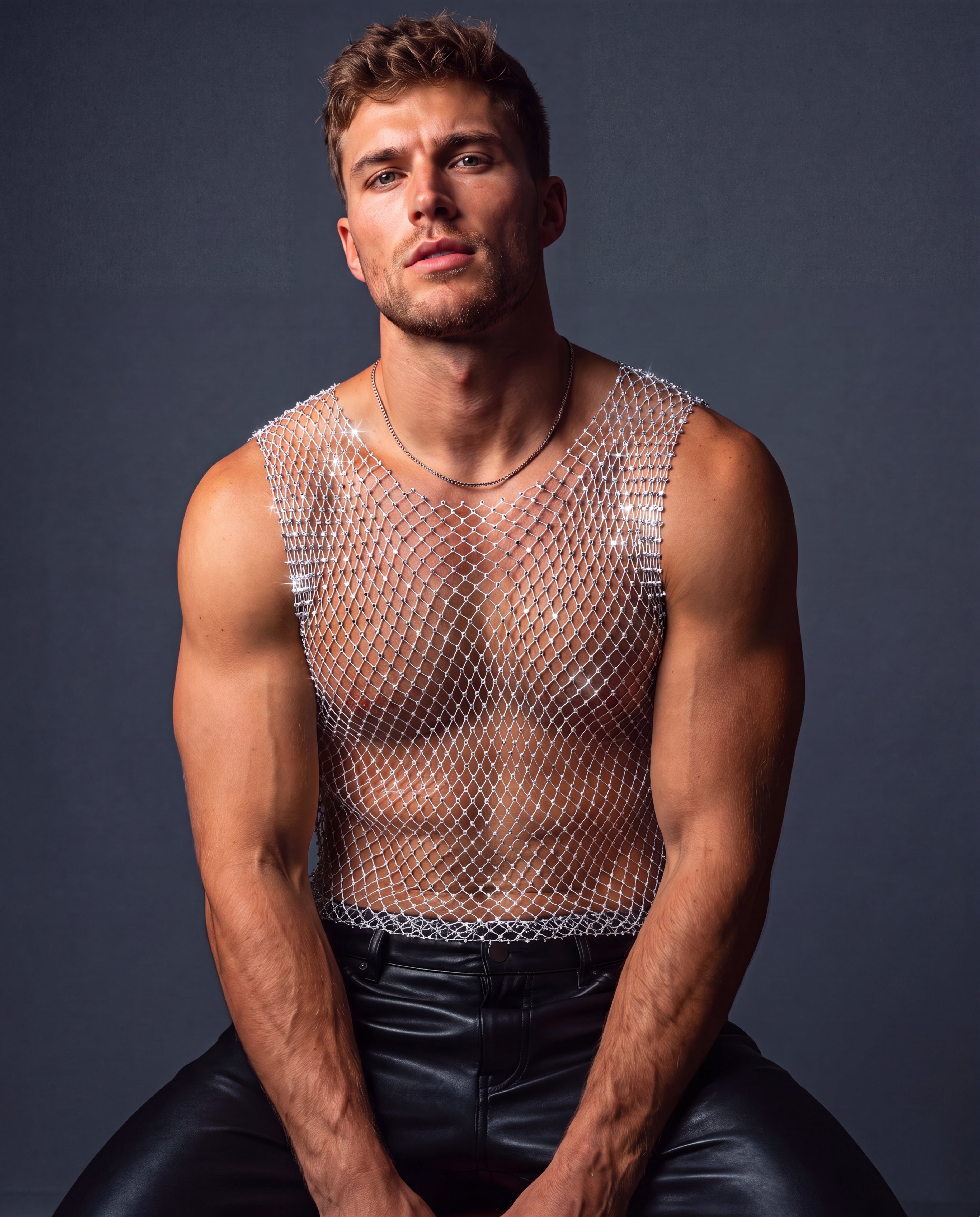 Rhinestone fishnet muscle tank top with sleeveless crew neck, allover net pattern