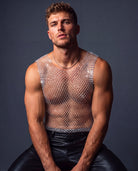 Rhinestone fishnet muscle tank top with sleeveless crew neck, allover net pattern