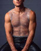 Rhinestone fishnet muscle tank top, sleeveless crew neck, fitted net mesh bodice
