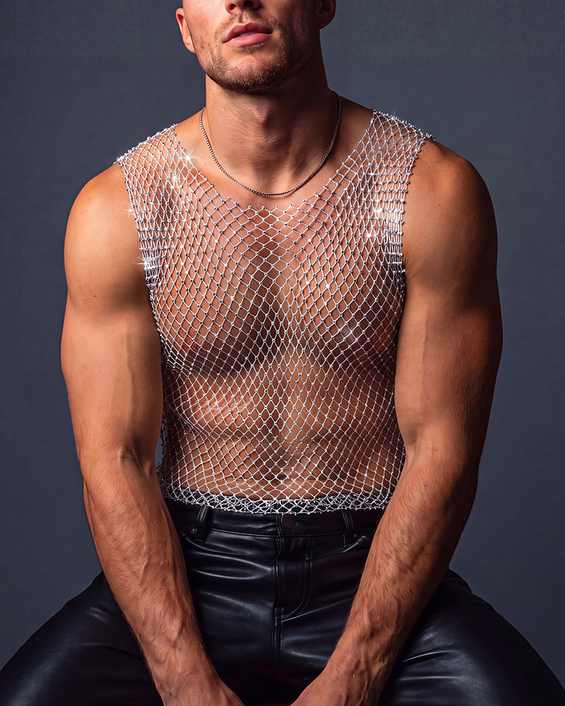 Rhinestone fishnet muscle tank top, sleeveless crew neck, fitted net mesh bodice