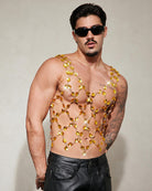 Men's gold crystal chain body harness top with diamond-like golden link straps