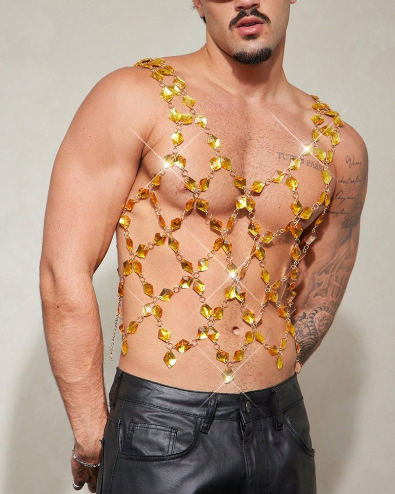 Men's gold crystal chain body harness top with crisscross chest link pattern