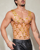 Men's gold crystal chain body harness top with V-style link rows at torso